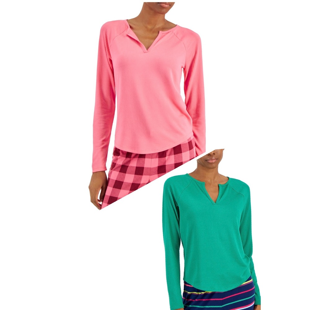 Jenni Women's Split-Neck Pajama Top Bundle of 2 - Green - Pink - Size XS